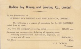 Canada Postal Stationery Ganzsache Entier PRIVATE Print HUDSON BAY MINING & SMELTING Co. 1949 'Exhibition Toronto' Cds. - 1903-1954 Rois