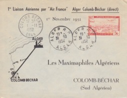 PA 1 Obl. Alger RP Le 31/10/52 Pour Colomb-Bechar, 1° Liaison Aérienne Par Air France (au Dos N° 288) - Airmail