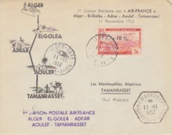 PA 1A Obl. Alger Gare Le 11/11/52 Pour Tamanrasset, 1° Liaison Aérienne Par Air France (au Dos N° 172, 233, 254, 263) - Airmail