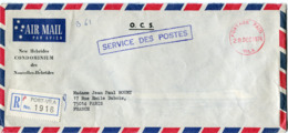 NOUVELLES-HEBRIDES LETTRE RECOMMANDEE PAR AVION "O.C.S." SERVICE DES POSTES DEPART POSTAGE PAID 28 DEC 1974 VILA........ - Lettres & Documents