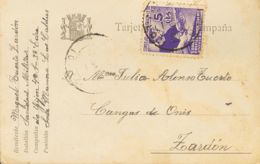 España. Asturias Y León. Sobre 2. 1937. 5 Cts Violeta. Tarjeta Postal De Campaña De LAS CALDAS A ZARDON. MAGNIFICA. - Asturies & Leon