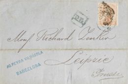 España. Amadeo I. Sobre 125. 1872. 40 Cts Castaño. BARCELONA A LEIPZIG (ALEMANIA). MAGNIFICA E INUSUAL DESTINO A PRUSIA. - Lettres & Documents