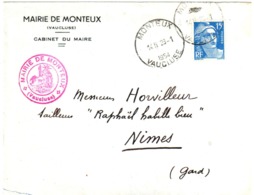 MONTEUX Vaucluse Lettre Entête Mairie 15 F Gandon Bleu Yv 886 Ob 1954 Horoplan "Pneumatique" Lautier A5 - Briefe U. Dokumente