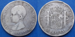 SPAIN - Silver 5 Pesetas 1891 PG M KM# 689 Alfonso XIII (1886-1931) - Edelweiss Coins - First Minting