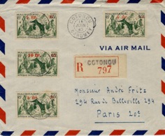 1945- Enveloppe RECC. Par Avion De COTONOU Pour Paris Affr.  T P De Mauritanie N° 136 X 4 - Storia Postale