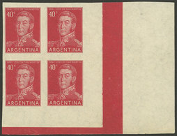 ARGENTINA: GJ.1041P, 40c. San Martín, IMPERFORATE Block Of 4 With Sheet Corner, Fantastic! - Ungebraucht