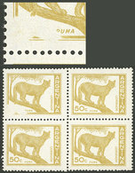 ARGENTINA: GJ.1125B, 50c. Puma Printed On Glazed Paper, Block Of 4, One With Notable UNPRINTED Area In One Corner, VF! - Ungebraucht