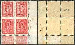 ARGENTINA: GJ.1132, 2P. San Martín Typographed (large Size), Block Of 4 With Spectacular END-OF-ROLL DOUBLE PAPER, VF! - Ungebraucht