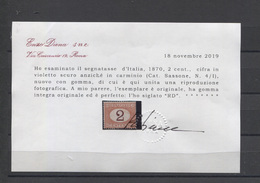 REGNO 1870 SEGNATASSE 2 CENTESIMI SASSONE N. 4/I  ** MNH LUSSO CERTIFICATO DIENA - Impuestos