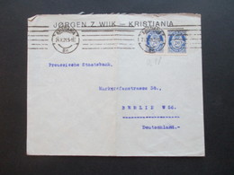 Norwegen 1921 Beleg Jörgen Z. Wilk - Kristiana Nach Berlin An Die Preussische Staatsbank - Lettres & Documents