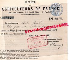 79- CHAMPDENIERS-75- PARIS - AGRICULTURE-RARE RECU SOCIETE AGRICULTEURS DE FRANCE- PAUL JACOB-1887-21 AVENUE OPERA - Agricultura