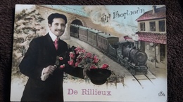 CPA UN BONJOUR DE RILLIEUX TRAIN LOCOMOTIVE HOMME BOUQUET - Rillieux La Pape