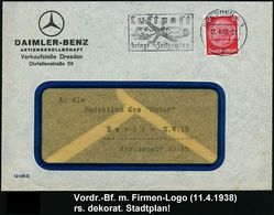 MERCEDES-BENZ  / DAIMLER BENZ : Dresden A 1 1938 (11.4.) Firmen-Bf.: DAIMLER-BENZ AG, Verkaufsstelle Dresden.., Rs. Stad - Cars