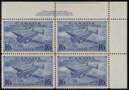 Canada 1942 MH Sc CE1 16c Trans-Canada Airplane Plate 1 Upper Right Plate Block - Sellos Aéreos Semi-oficiales