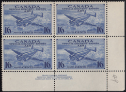 Canada 1942 MNH Sc CE1 16c Trans-Canada Airplane Plate 1 Lower Right Plate Block Pencil Mark - Sellos Aéreos Semi-oficiales