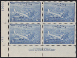 Canada 1946 MNH Sc CE3 17c D.C. 4-M Airplane Plate 1 Lower Left Plate Block - Poste Aérienne: Surtaxés