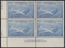 Canada 1946 MNH Sc CE3 17c D.C. 4-M Airplane Plate 1 Lower Left Plate Block - Sellos Aéreos Semi-oficiales