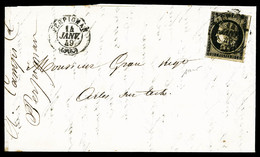 O N°3, 20c Noir Obl Càd PERPIGNAN 14 JANVIER 1849 Sur Lettre Arrivée à Arles Sur Tech Le Même Jour, SUPERBE (certificat) - 1849-1876: Période Classique