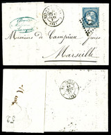 O N°44B, 20c Bleu Type I Rep 2 Sur Lettre D'Aix En Provence à Destination De Marseille, TB (certificat)  Qualité: O  Cot - 1849-1876: Période Classique