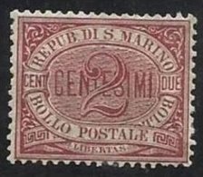 1894 San Marino Saint Marin CIFRA O STEMMA 2c Carminio MH* - Unused Stamps