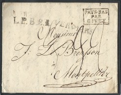 L 1821 Griffe VERVIERS + L.P.B.2.R + "PAYS-BAS/PAR/GIVET" + "3" + "32" Pour Montpellier - 1815-1830 (Holländische Periode)