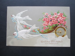Deutsches Reich 1910 Reliefkarte Herzlichen Glückwunsch Zum Geburtstag Tauben Ziehen Eine Karren Mit Blumen - Anniversaire