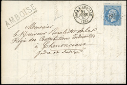 O N°22 - 20c. Bleu Obl. GC 80 S/lettre Frappée De La Griffe ''AMBOISE'' Et Du Cachet GARE D'AMBOISE Du 21 Février 1867 à - 1862 Napoleon III