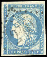 O N°44Ac - 20c. Bleu Clair. Type I. Report 1. Obl. TB. - 1870 Ausgabe Bordeaux