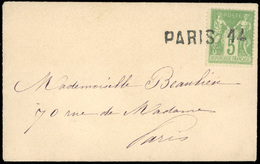 O N°106 - 5c. Vert S/jaune Obl. Cachet Linéaire PARIS 14 S/lettre à Destination De PARIS. TB. - 1876-1878 Sage (Type I)