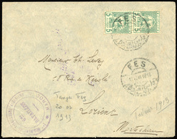 O N°3 - 5m. Vert-bleu. Paire Obl. S/lettre Frappée Du CàD De FEZ Février 1913 à Destination De LORIENT. TB. - Otros & Sin Clasificación