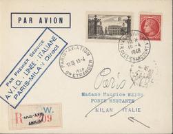 Recommandé Paris XVIII Annexe YT 676 778 CAD Paris Aviation Sce étranger 19 4 1948 Cachet 1er Service Paris Milan Direct - 1960-.... Lettres & Documents