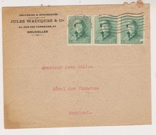 COB 167 Bande De Trois Vers Courtrai Jules Wauquez à Bruxelles Draps Et Nouveautés - 1919-1920 Trench Helmet