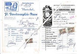 BEKKEVOORT-2 FACTUREN-1957+1958-FLORENT VANDEWEEGHDE-MAES-ONDERHOUDSPRODUCTEN-HARTEDIEF-ZELDZAAM-FISCALE ZEGELS-MOOI ! ! - 1950 - ...
