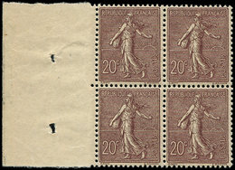 ** EMISSIONS DU XXème SIECLE - 131a  Semeuse Lignée, 20c. Brun-lilas Foncé, BLOC De 4 Bdf, Très Bon Centrage, Superbe - Unused Stamps