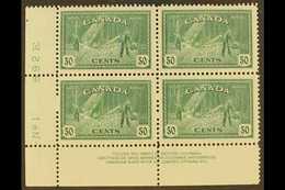 1946 50c Lumbering, SG 405, Uni 272, Very Fine Mint Corner Plate Block (No 1), Top Pair Hinged.  For More Images, Please - Altri & Non Classificati