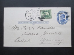 USA 1911 Ganzsache Mit Zusatzfrankatur NY - Lübeck Bedruckte Karte New Yorker Staats-Zeitung Quittung über 5 Dollar - Storia Postale