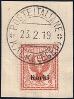 REGNO ITALIA - KARKI/CARCHI (EGEO) FRANCOBOLLO C. 2 SERIE AQUILA SABAUDA ANNULLATO SU FRAMMENTO 23.12.1919 - SASSONE 1 - Egée (Carchi)