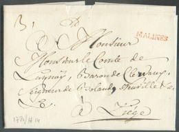 LAC (griffe Au Tampon Rouge) MALINES (H.14) Le 3/4/1780 Vers Liège; Port Dû '3'.  Belle Fraîcheur.  - 15103 - 1714-1794 (Austrian Netherlands)