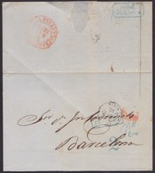 1854. LONDON TO BARCELONA. POSTMARK FRANCIA BOXED BLUE. RATED 2Rs REALES 6MS MARAVEDIS OVER RATED. VERY FINE ENVELOPE. - ...-1840 Vorläufer