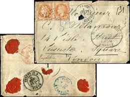 Let EMPIRE LAURE - 31   40c. Orange, PAIRE Obl. GC 2488 PARIS MONTMARTRE 28/6/70 S. LAC Ayant Souffert, RR Cachet Au Rec - 1863-1870 Napoléon III Con Laureles