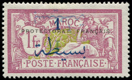 * Collection Au Type Merson - MAROC 51c : 1p. Sur 1f. Lie De Vin Et Olive, DOUBLE Surch. Bleue, Dont Une RENVERSEE, TB - 1900-27 Merson