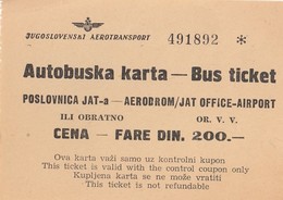 JAT Yugoslav Airlines Bus Ticket To Airport - Tickets