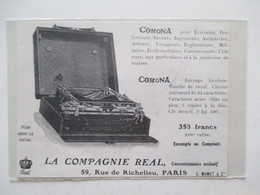 Machine à écrire Portative "CORONA" Ets Compagnie Real    -  Coupure De Presse De 1909 - Andere Geräte