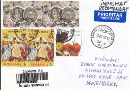 ICONS, HEALTHY FOOD, ARCHAEOLOGY, COINS, STAMPS ON REGISTERED COVER, 2015, ROMANIA - Cartas & Documentos
