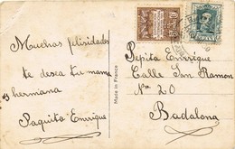 35757. Postal BADALONA (Barcelona) 1930. Correo Interior, Sello Recargo Exposicion. Motivo Romantica - Barcelona