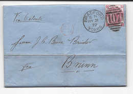 Duplex Postmark BRADFORD 1872 + Nr 107, Three Pence Rose Seul Sur Lettre Pour BRÜNN, Via OSTENDE BELGIQUE, Avec Contenu - Covers & Documents