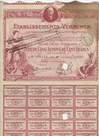 Action, Titre, Etablissements Verminck, Cinq Actions De Cent Francs, Savon, Marseille, 1919, 29 Coupons - S - V