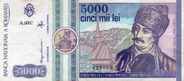 ROMANIA 5000 LEI -MARTIE 1992 P-103a   SERIA -A.0002 -VF+ - Rumänien