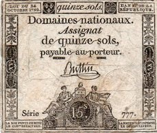FRANCIA  ASSIGNAT 15 SOLS 1792 P-A54  SERIE 777 - ...-1889 Anciens Francs Circulés Au XIXème