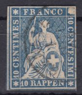 Switzerland 1854 10 Rp Dark Blue Mi#14 Used - Usados